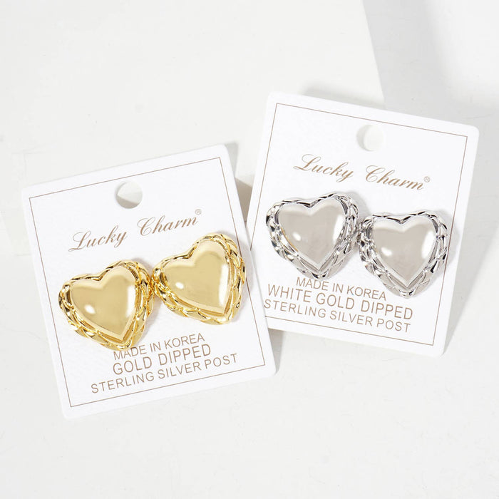 Polished Brass Textured Puffy Heart Stud Earrings