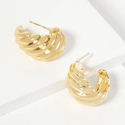 Polished Brass Wavy-Texture Tapered Open Hoop Earrings