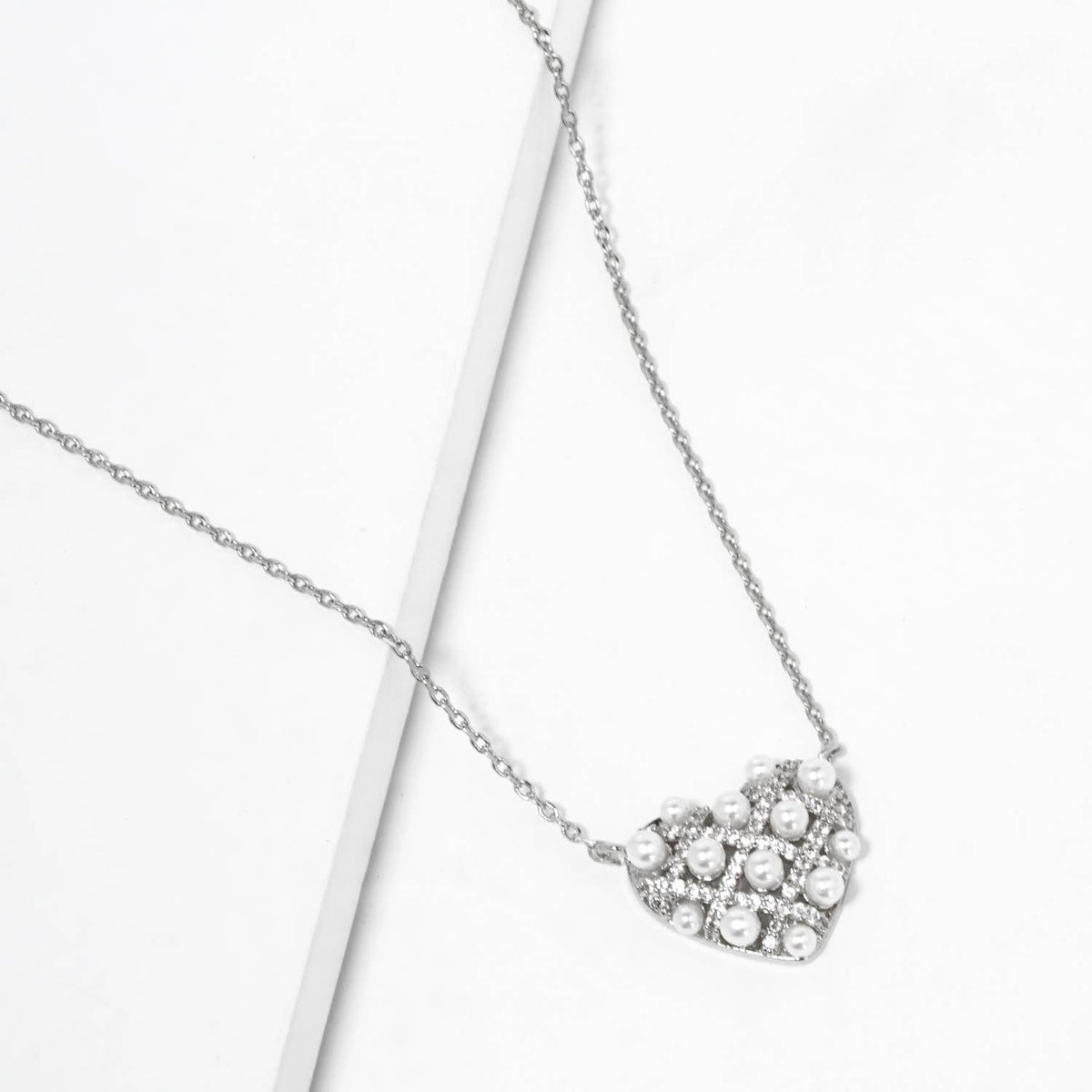 Dainty Pearl & Pavé Lattice Heart Pendant Necklace
