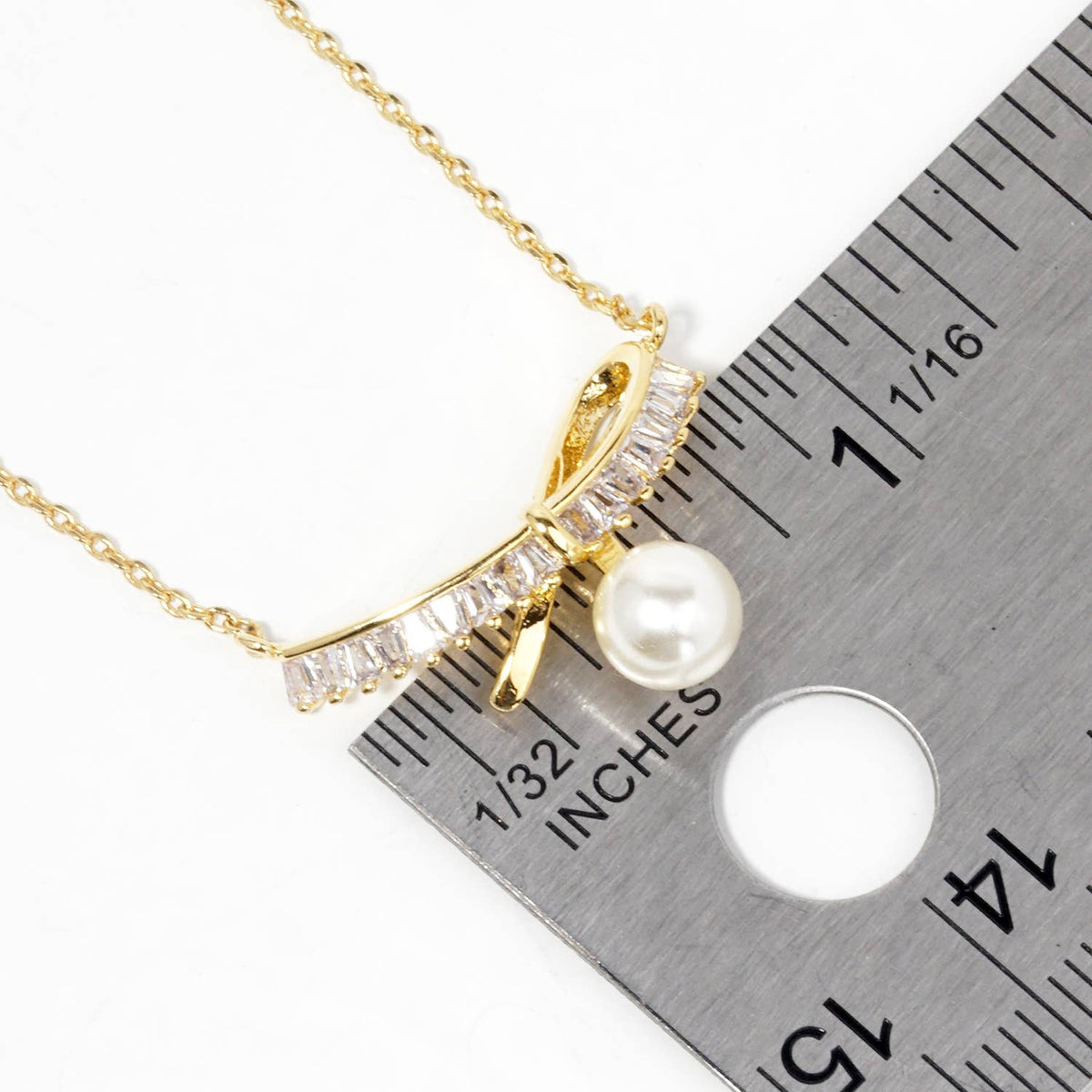 Dainty Baguette Crystal Bow & Pearl Drop Pendant Necklace