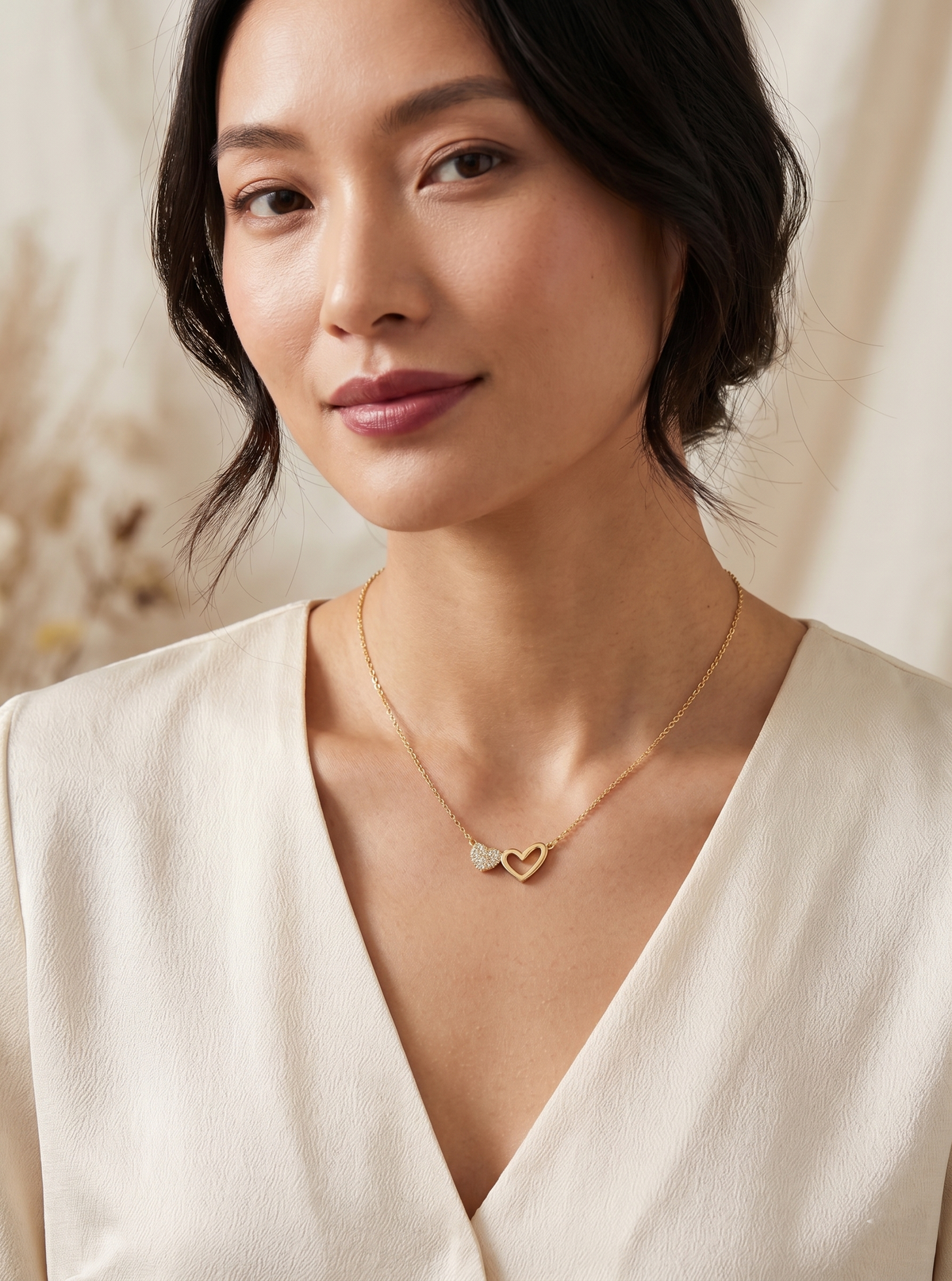 Double Open & Pavé Heart Pendant Necklace