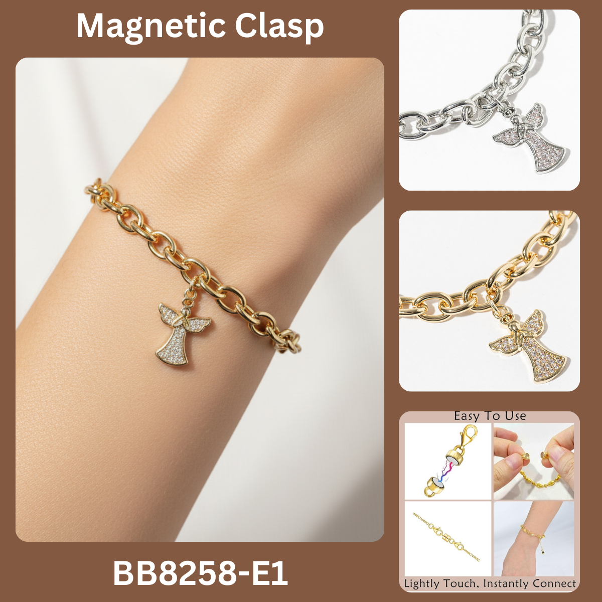 Pave Angel Charm Link Bracelet with Magnetic Clasp