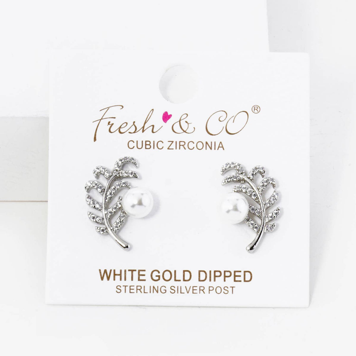 CUBIC ZIRCONIA FEATHER AND PEARL STUD EARRINGS