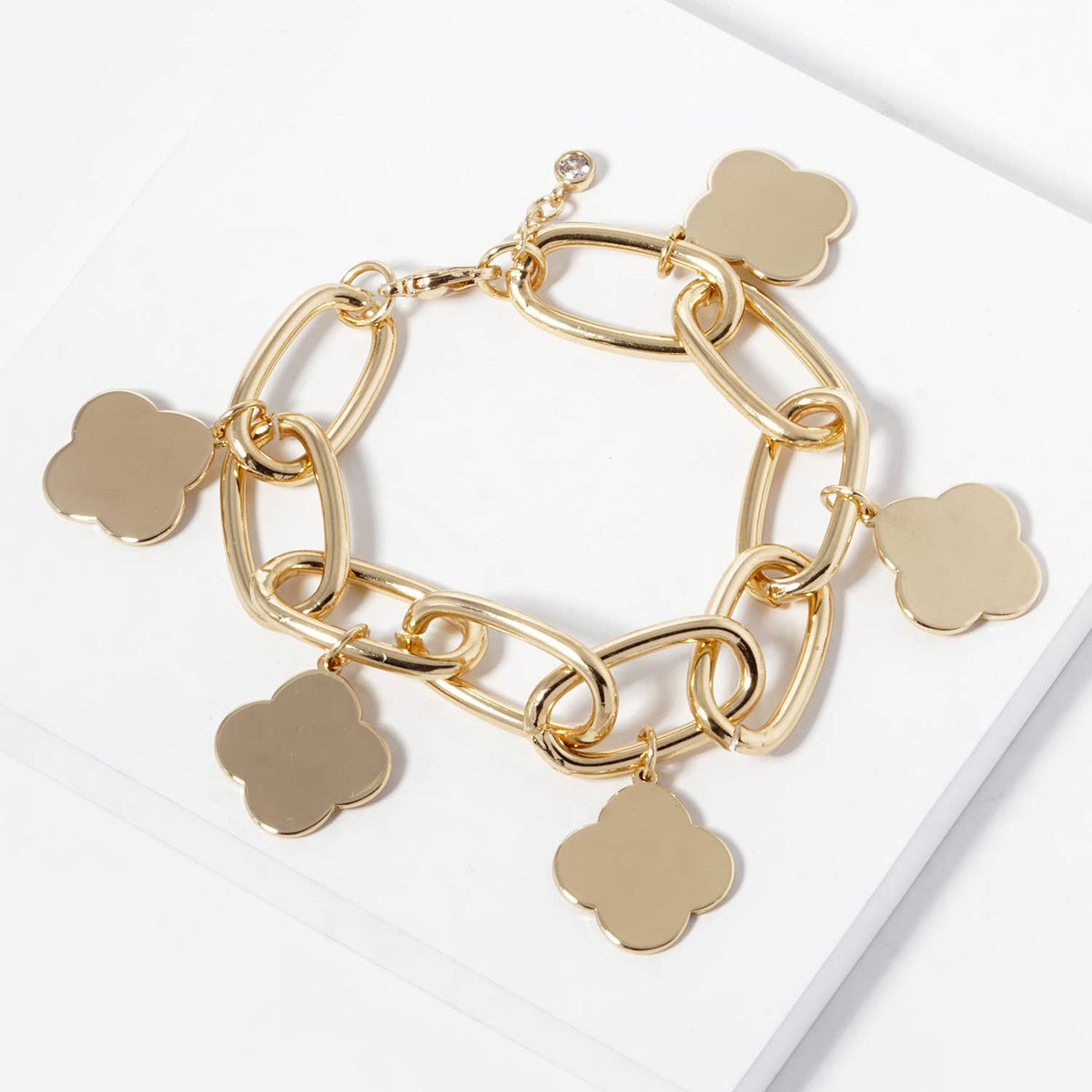 18K Gold Plated Chunky Link Bracelet with Clover Charms