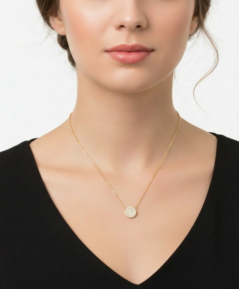 Minimalist Pave CZ Disc Pendant Necklace