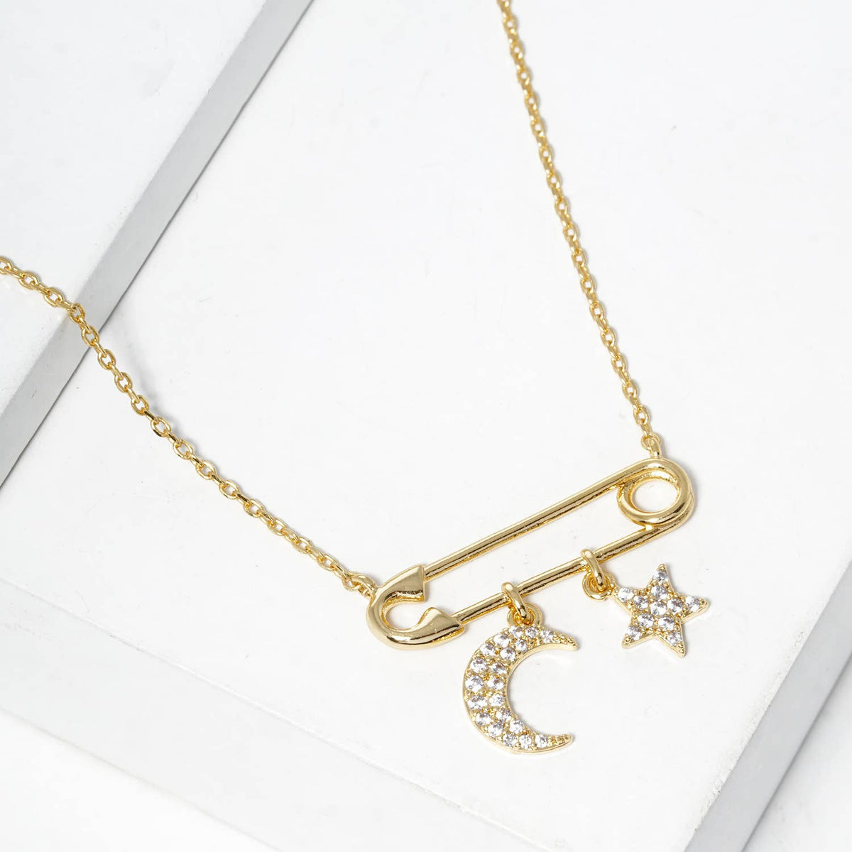 Minimalist Safety Pin Celestial Charm Necklace