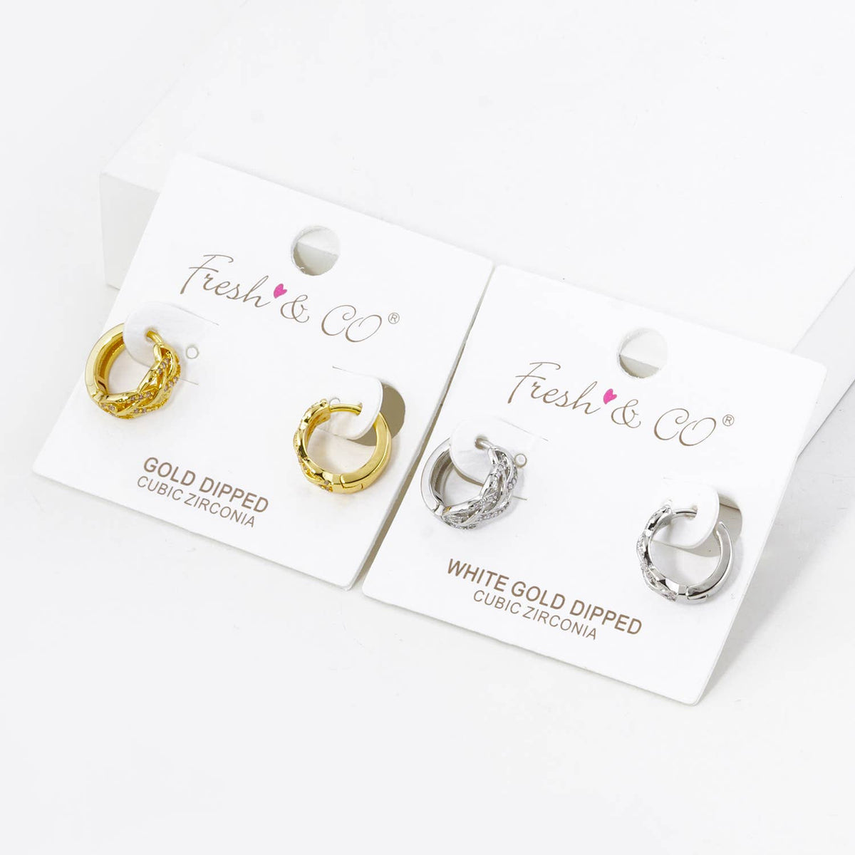 CUBIC ZIRCONIA WEAVE TEXTURE 12MM HUGGIE HOOP EARRINGS