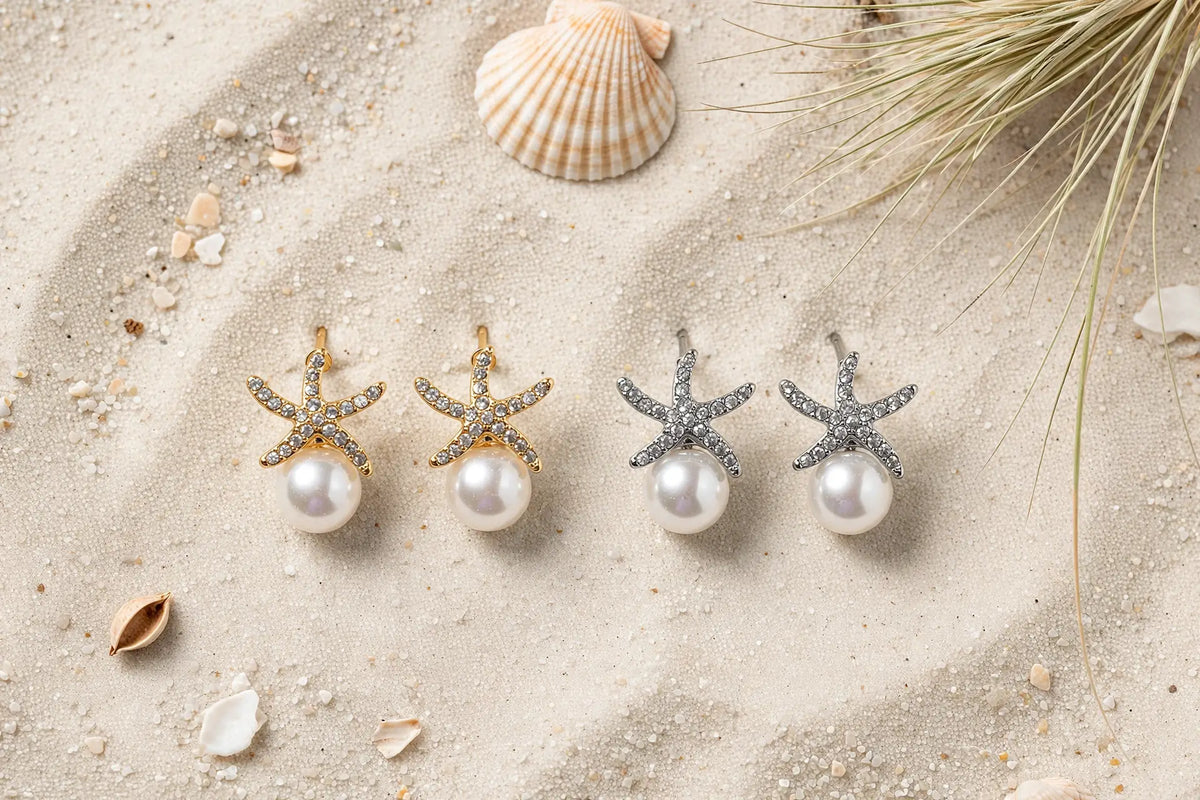 Starfish Pearl Stud Earrings – Crystal Starfish with Pearl