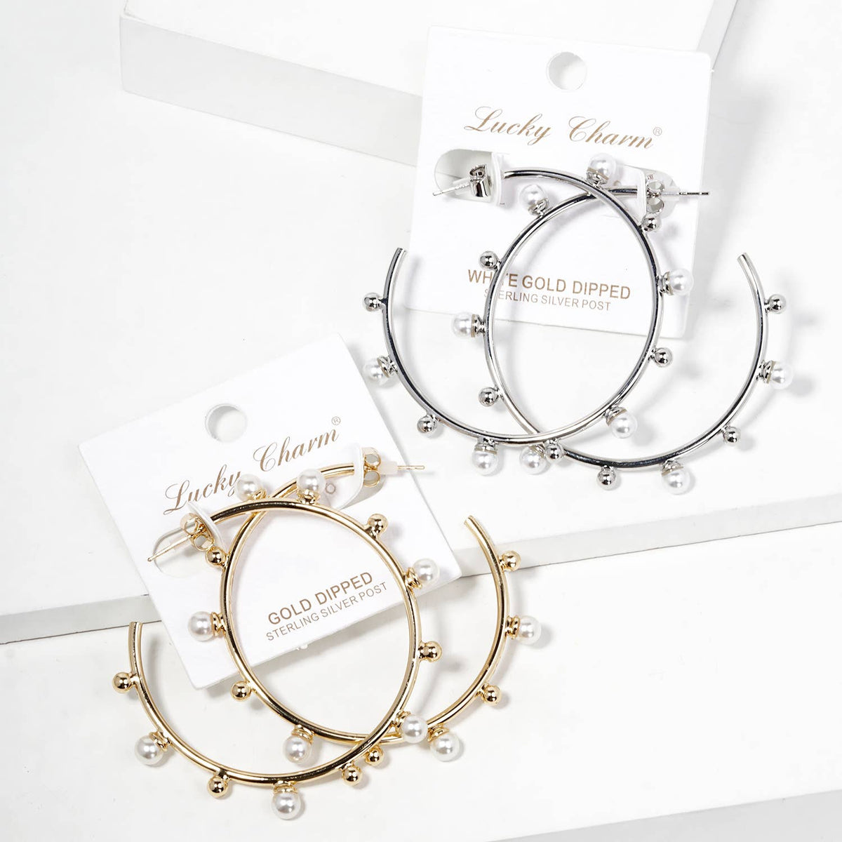 Pearl Accent Hoop Earrings with Sterling Silver Posts