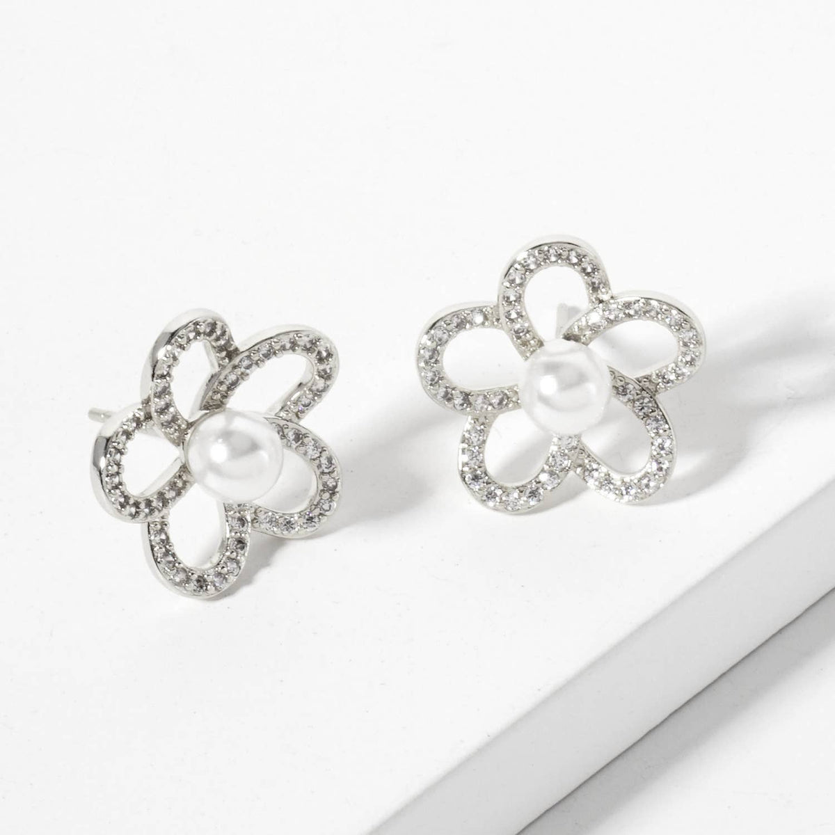 Botanical-Theme Pave-Set Pearl Flower Stud Earrings