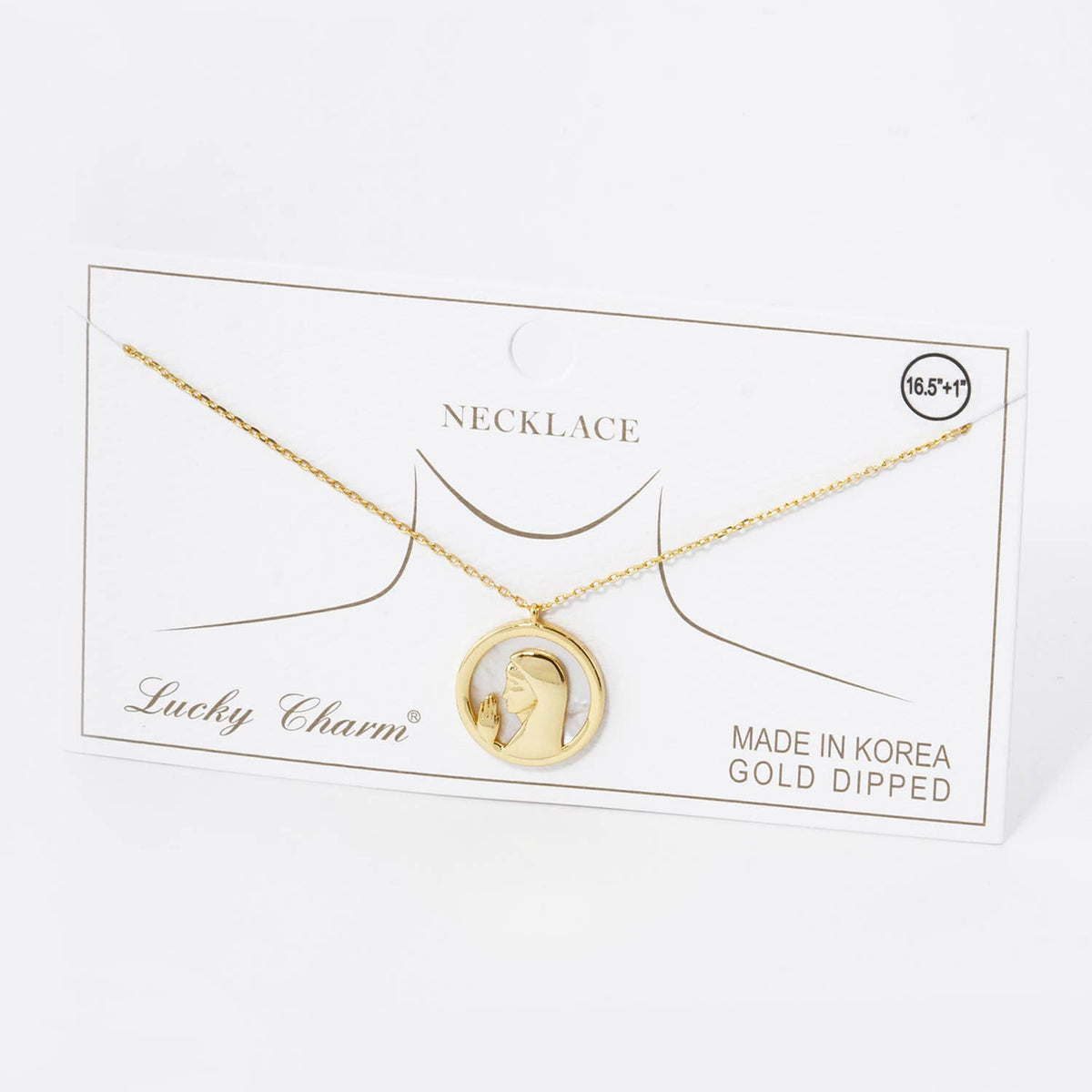 Gold Dipped Virgin Mary Mother of Pearl Disc Necklace