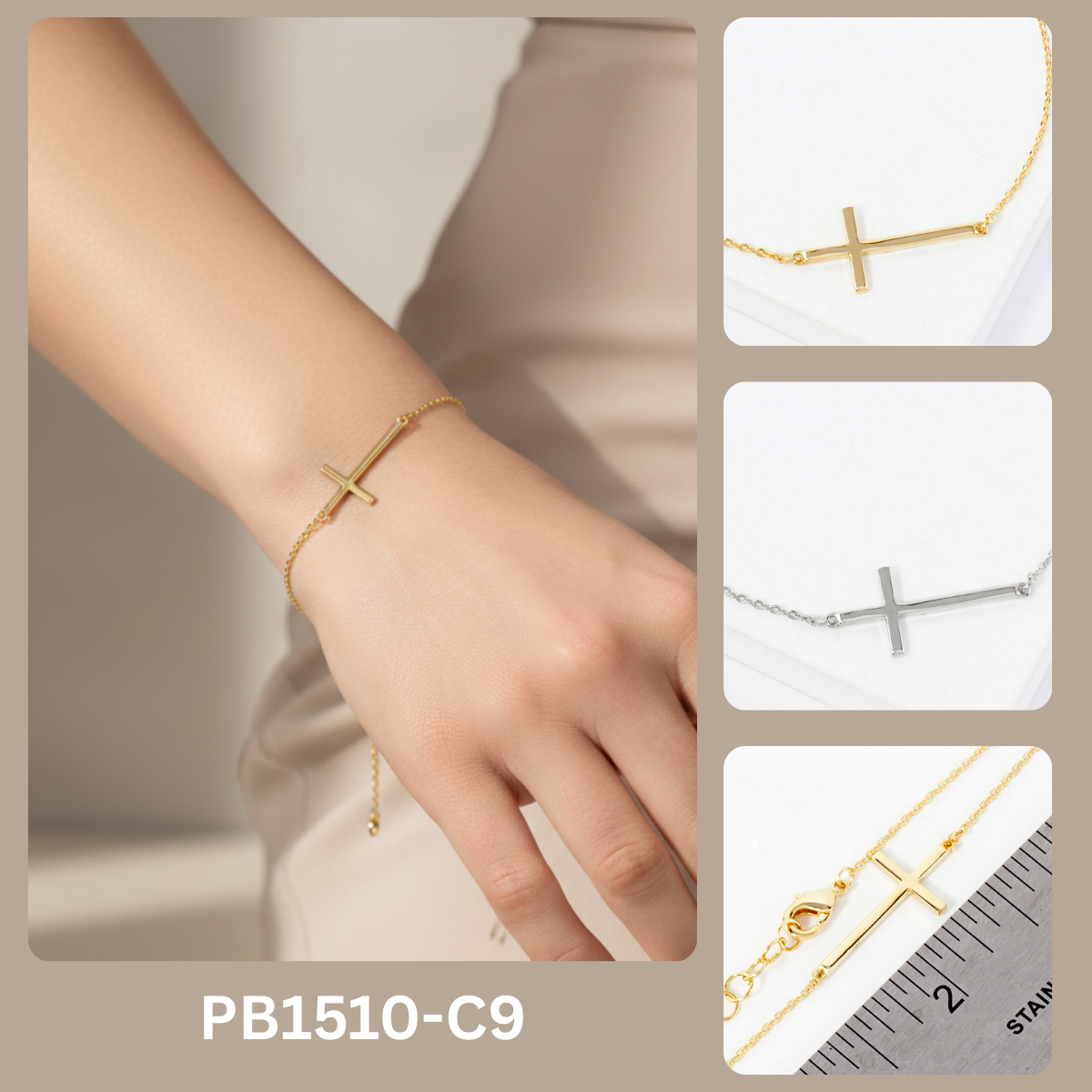 Religious-Theme Brass Sideways Cross Chain Bracelet