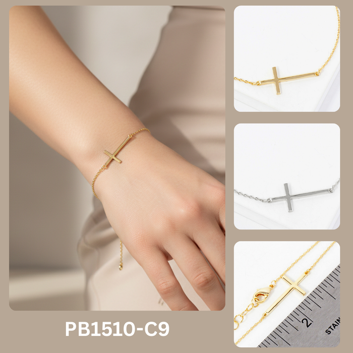 Religious-Theme Brass Sideways Cross Chain Bracelet