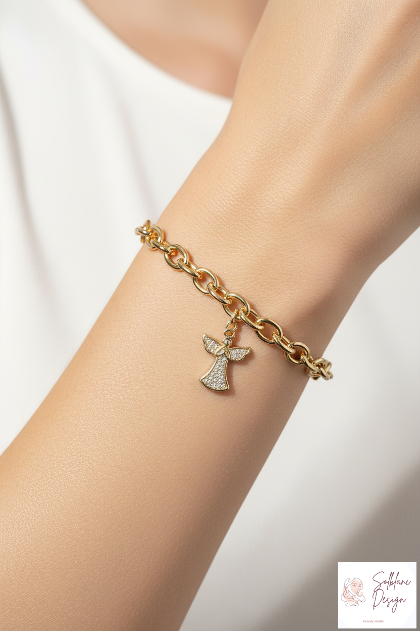 Pave Angel Charm Link Bracelet with Magnetic Clasp