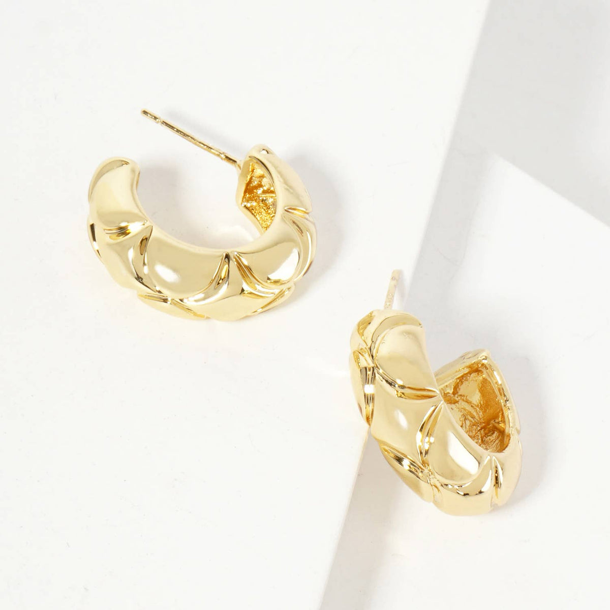 Polished Brass Diamond-Shaped Patterns Hoop Earrings