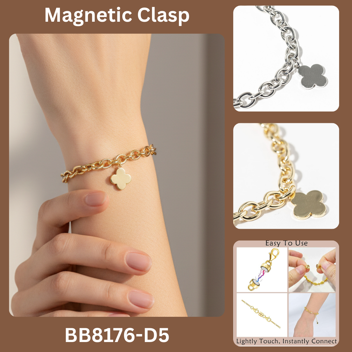 Minimalist Clover Charm Link Bracelet with Magnetic Clasp