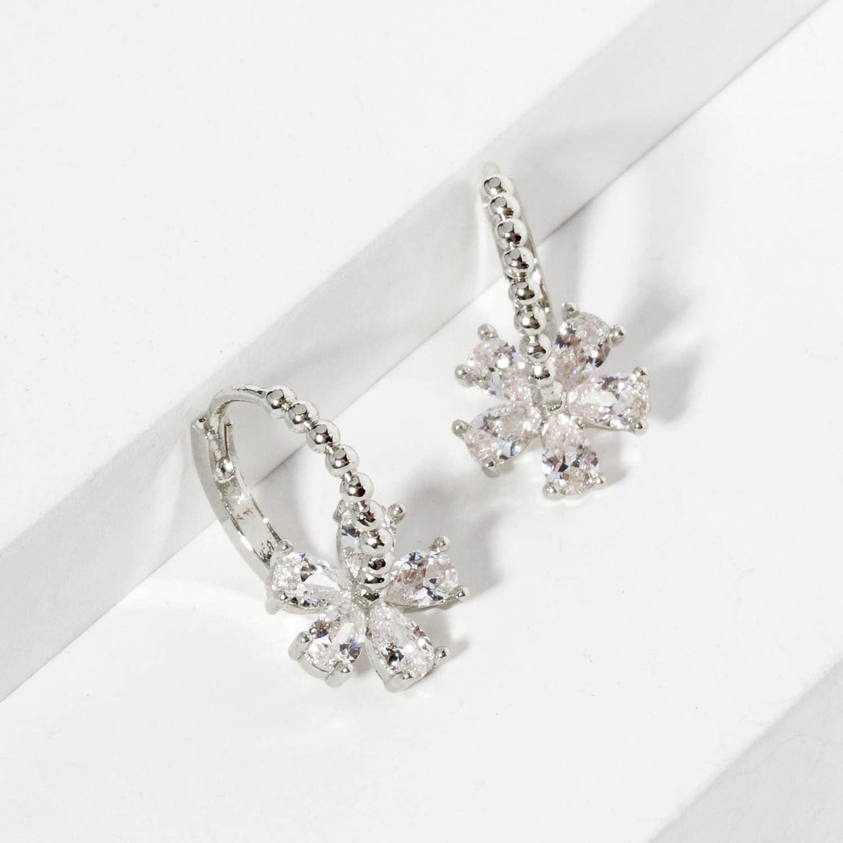 Cubic Zirconia Flower Drop 12mm Huggie Hoop Earrings
