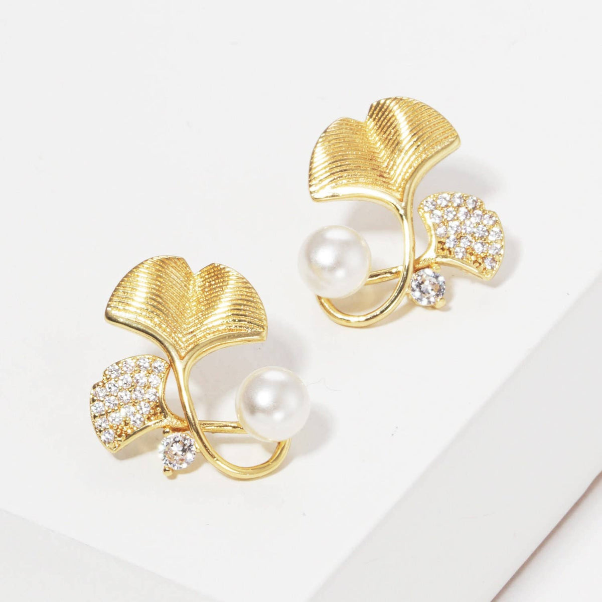 Gold Freshwater Pearl Gingko Leaf Stud Earrings