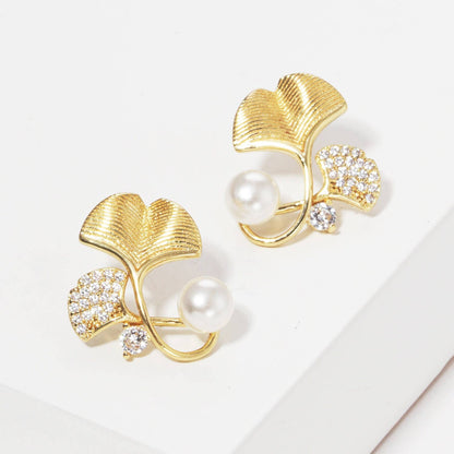 Gold Freshwater Pearl Gingko Leaf Stud Earrings