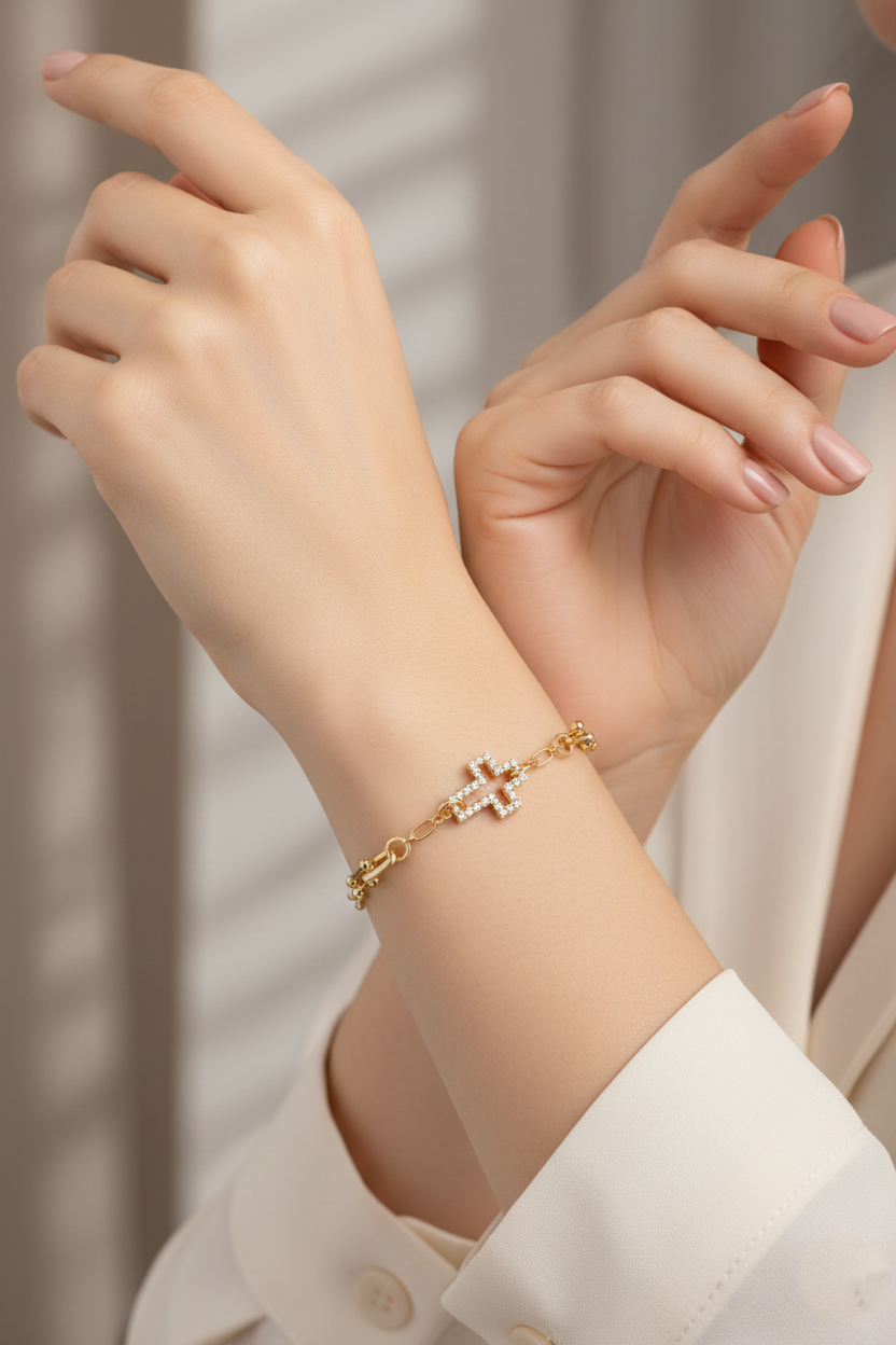Cubic Zirconia Cross Charm Link Chain Bracelet