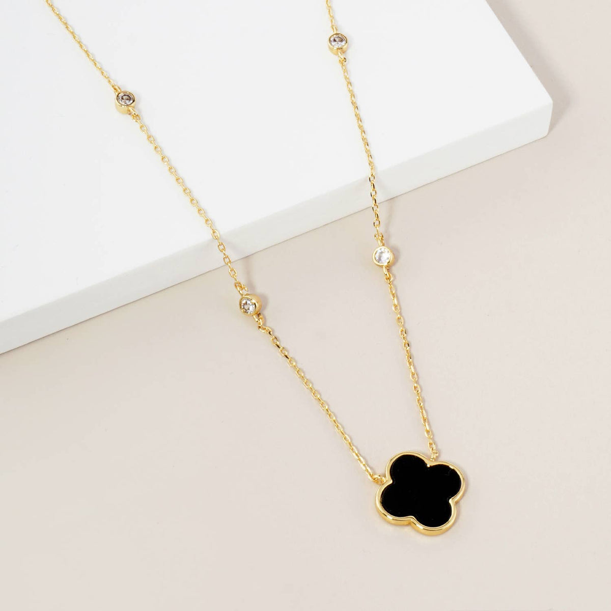 13mm Quatrefoil Pendant CZ Stone Chain Necklace / 18K Gold