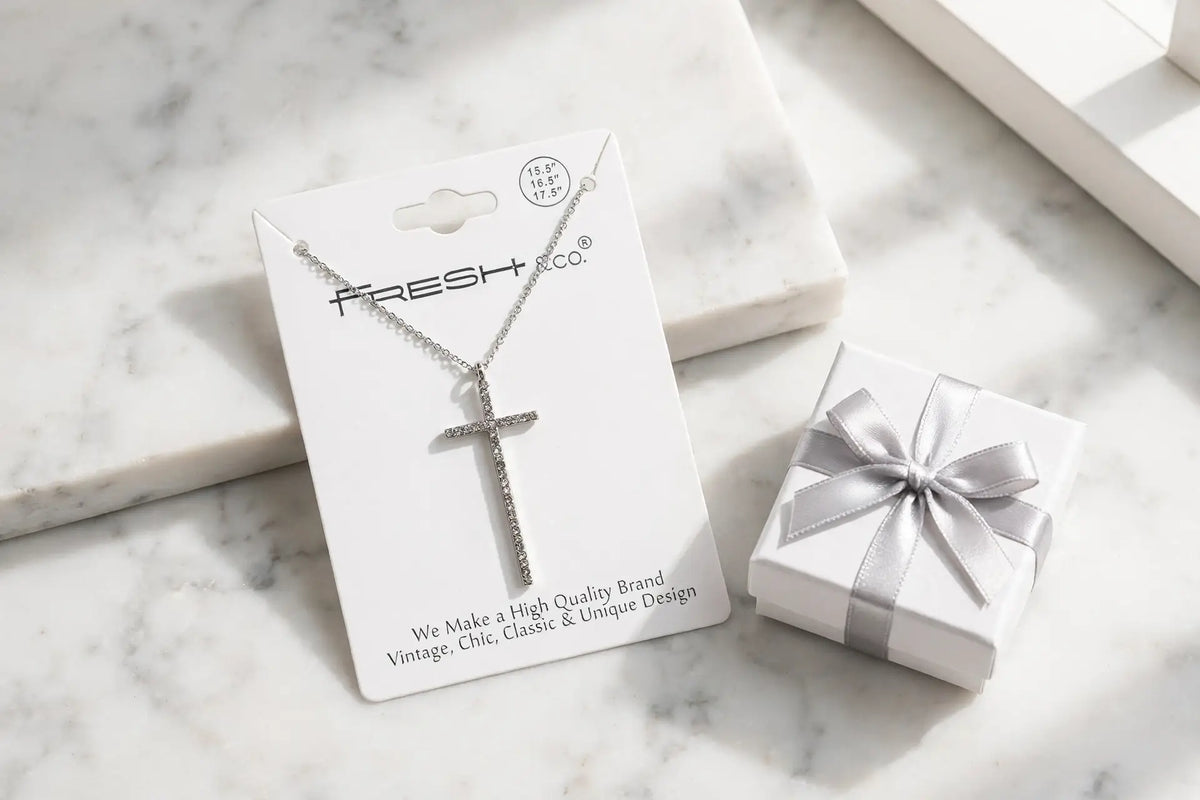 Long Crystal Cross Pendant Necklace – Full-Pavé Cross