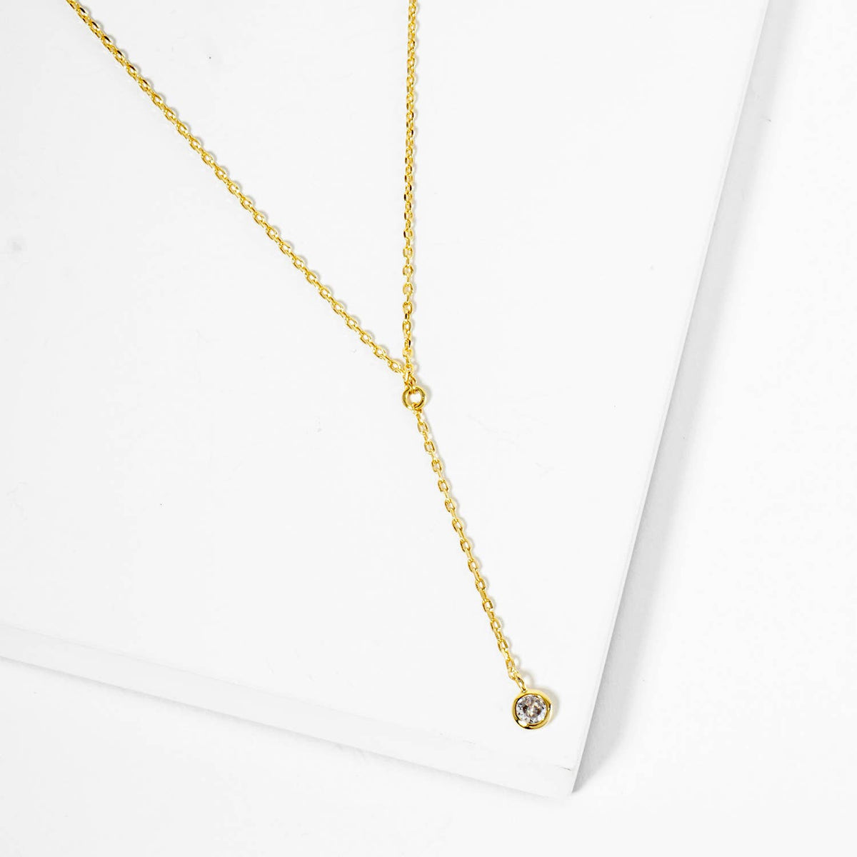 14K Gold Plated Dainty CZ Drop Lariat Necklace