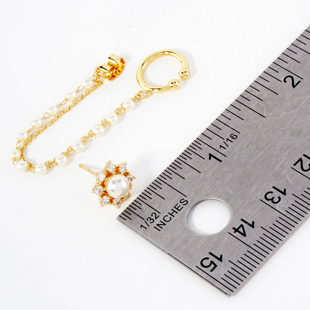 Pave-Set CZ Pearl Flower Stud and Ear Cuff Drape Earring Set