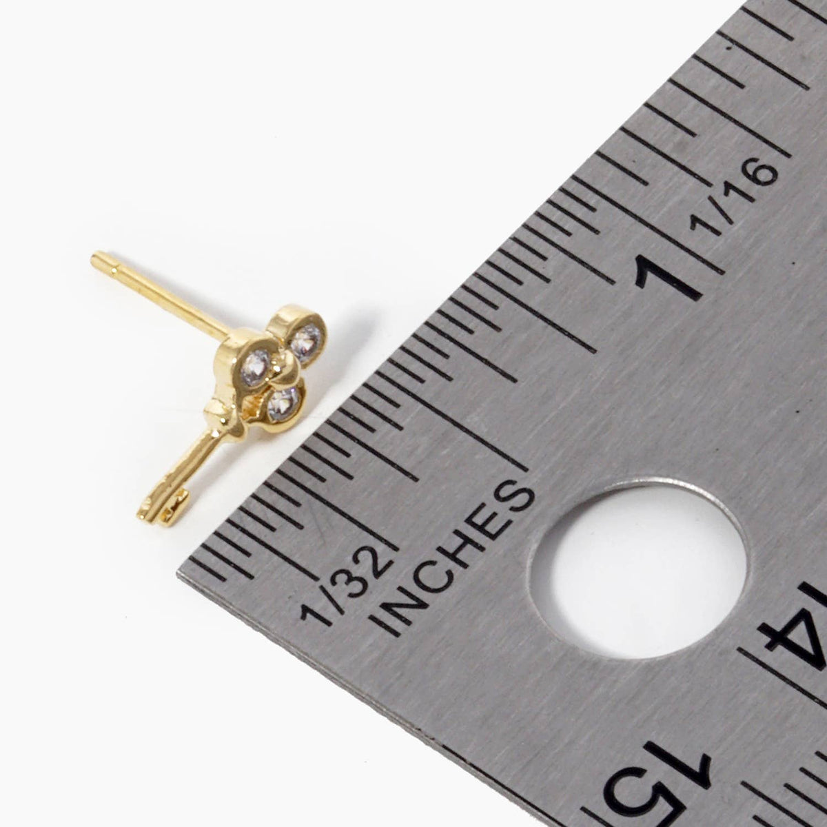 18K Gold Dipped Three CZ Stones Key Stud Earrings