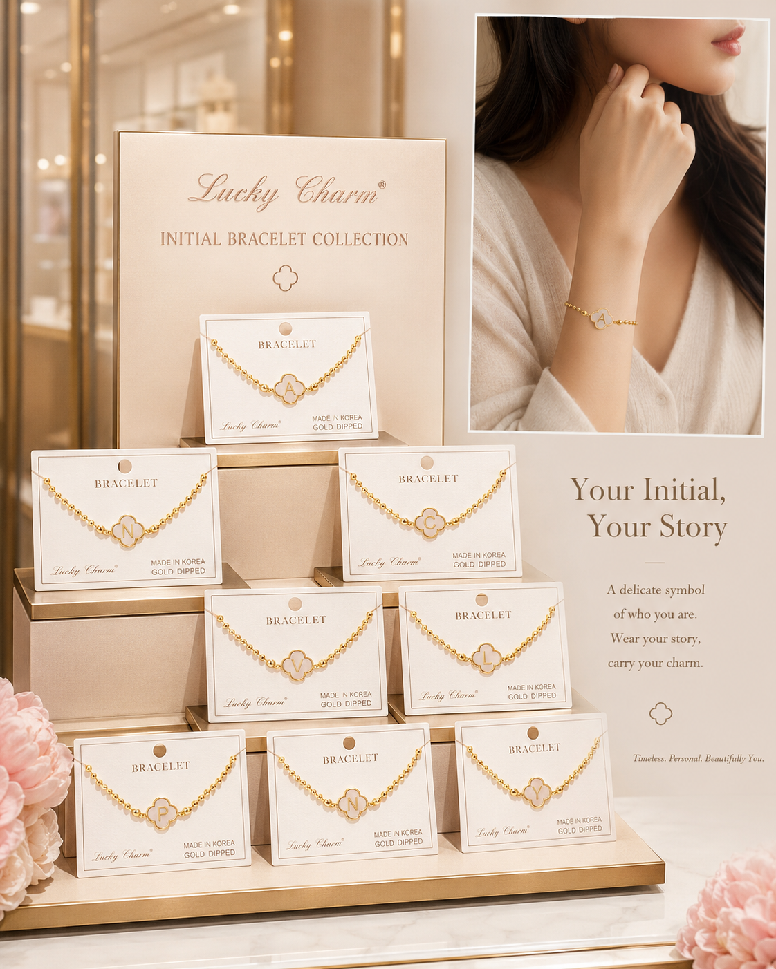 Dainty Gold Dipped Initial Clover Bracelet