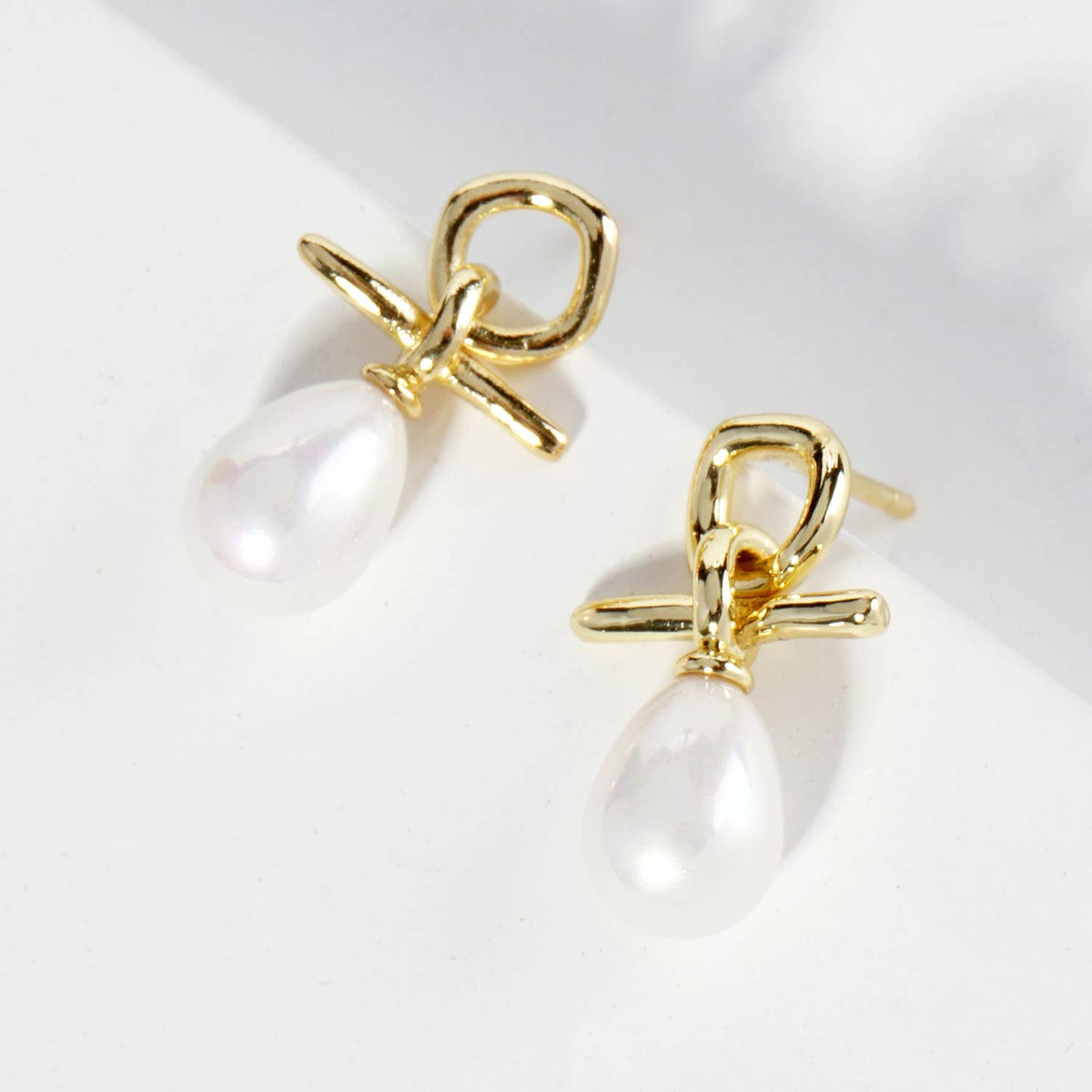 Dainty Teardrop Pearl Drop Post Earrings / 18K Gold Dipped