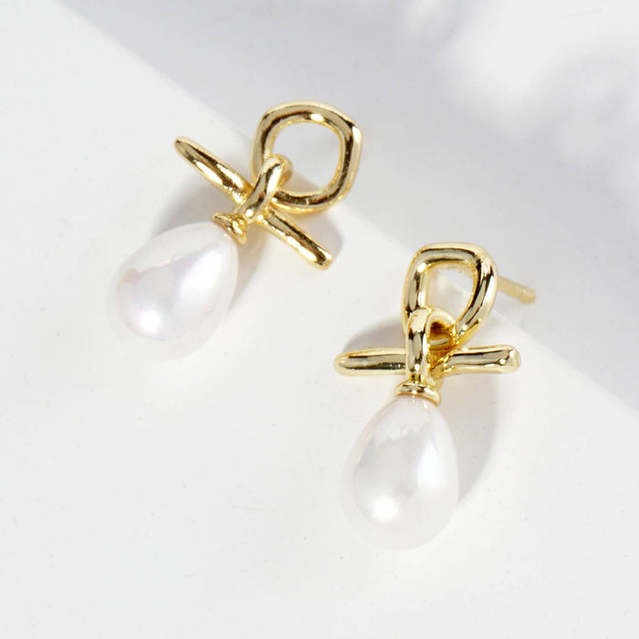 Dainty Teardrop Pearl Drop Post Earrings / 18K Gold Dipped
