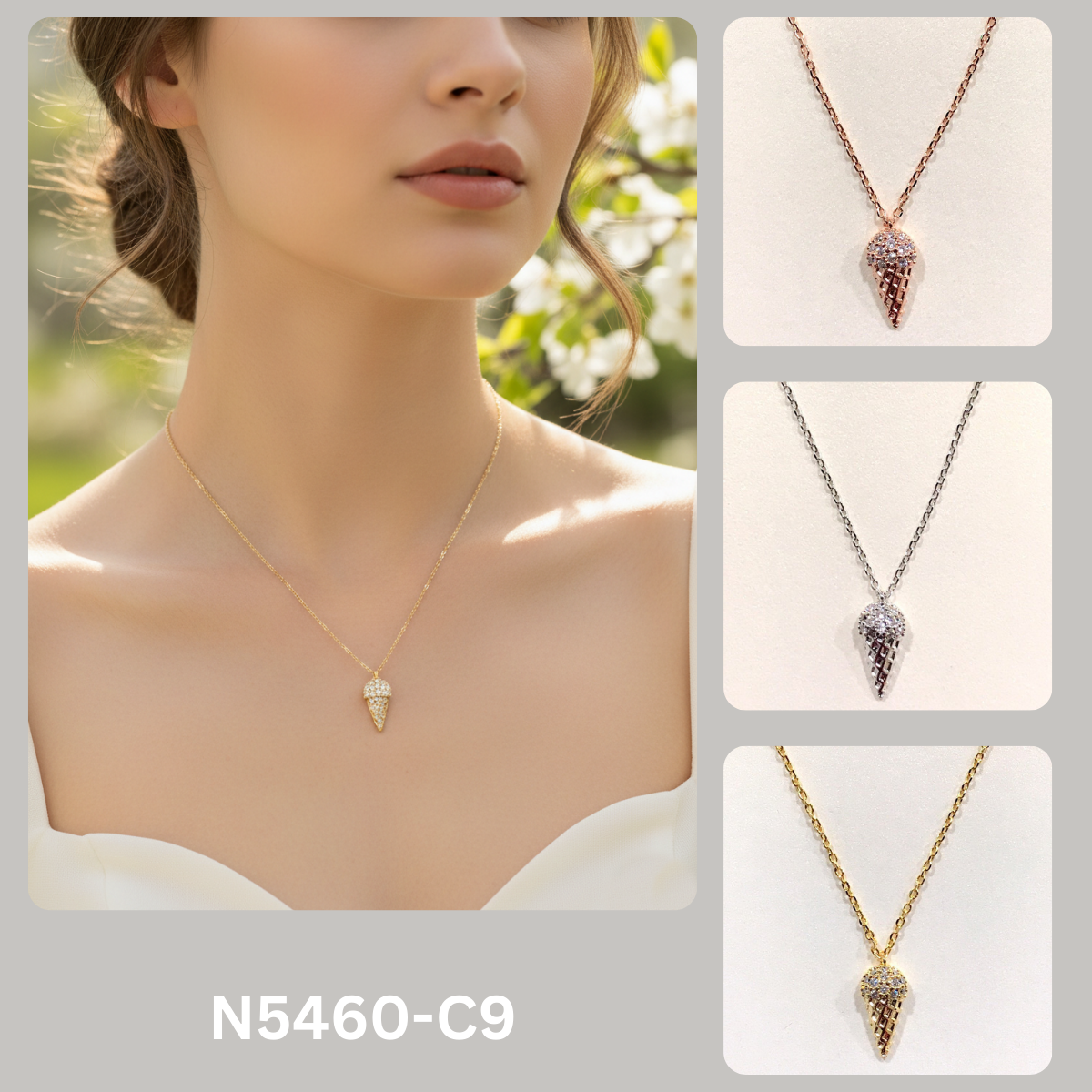 Pave CZ Ice Cream Cone Pendant Necklace