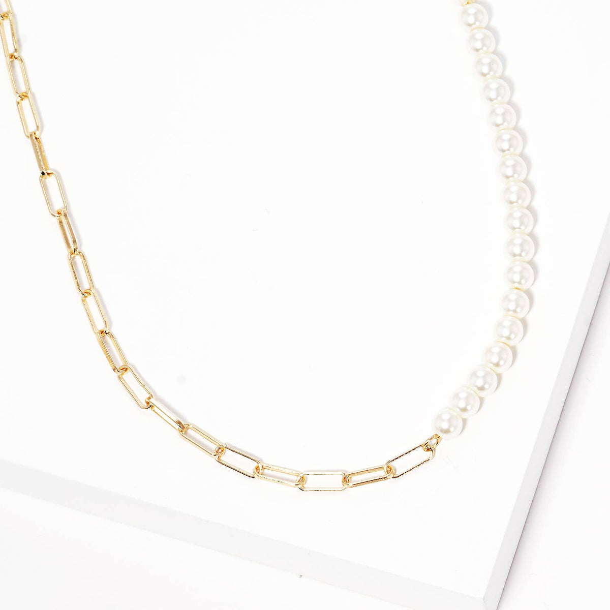 Gold Plated Half Pearl Half Chain Necklace