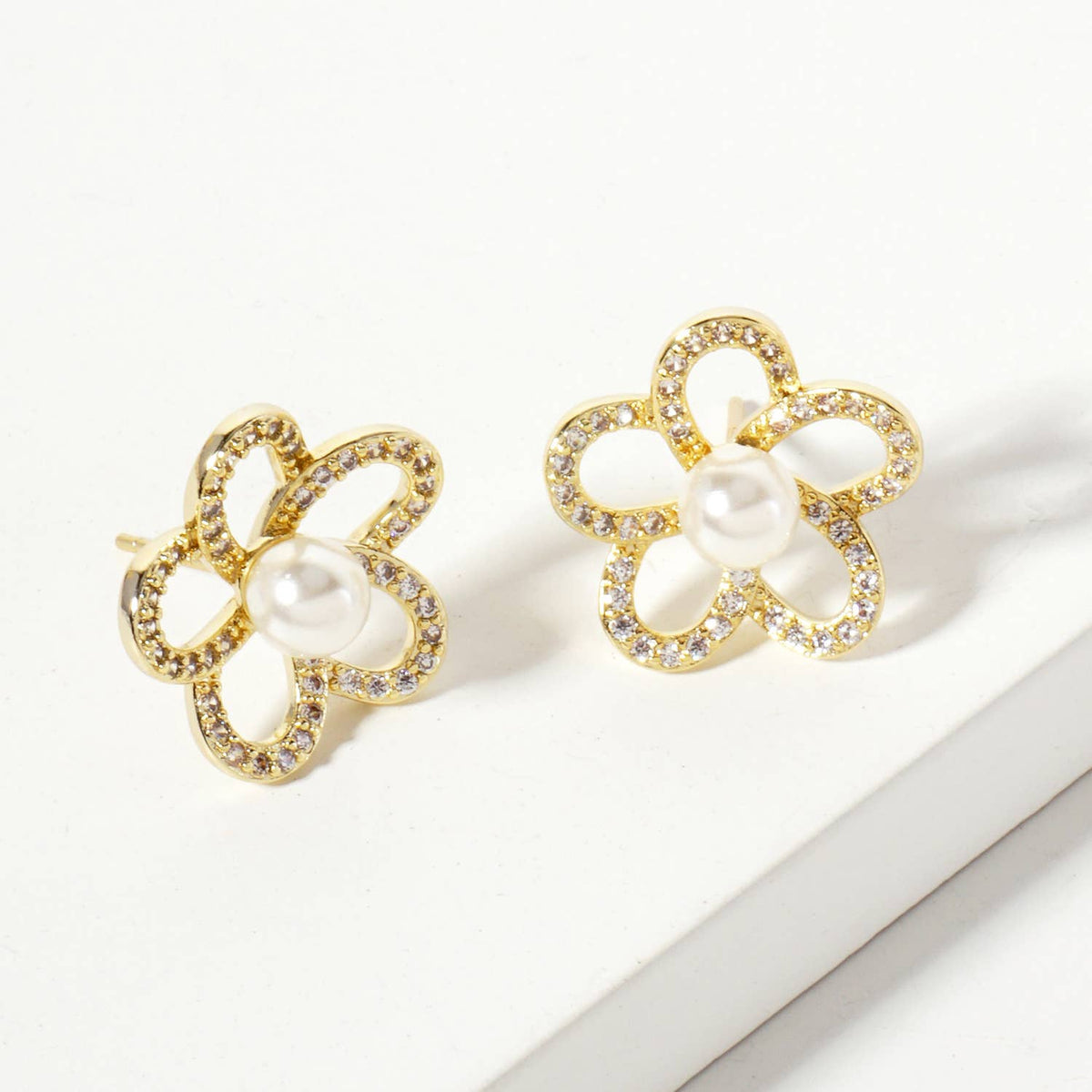 Botanical-Theme Pave-Set Pearl Flower Stud Earrings