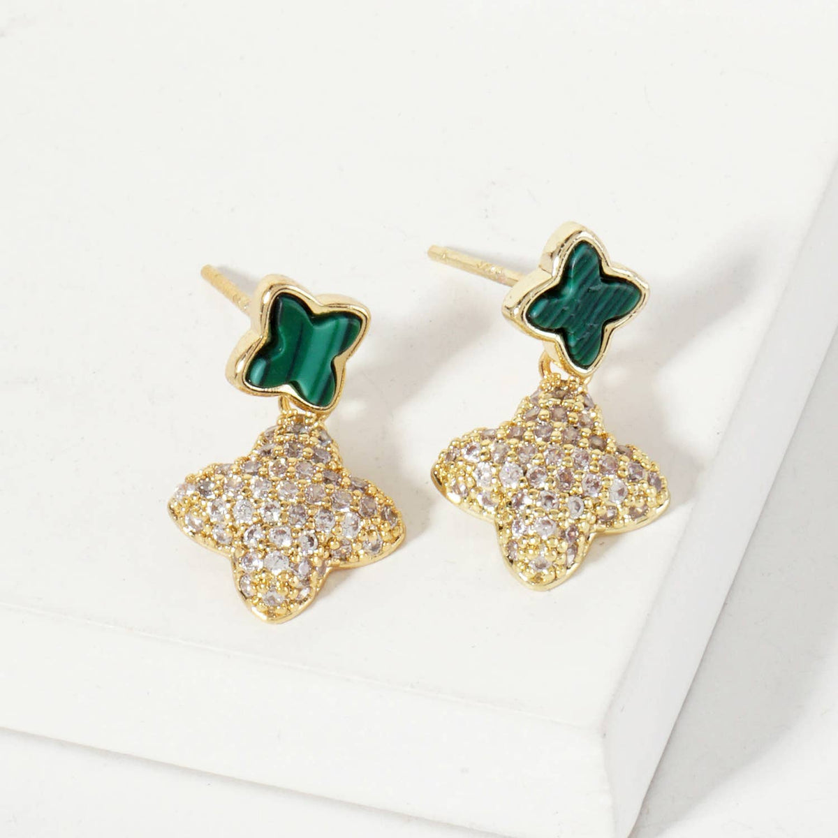 6-10mm Pave-Set Double Quatrefoil Drop Dangle Earrings