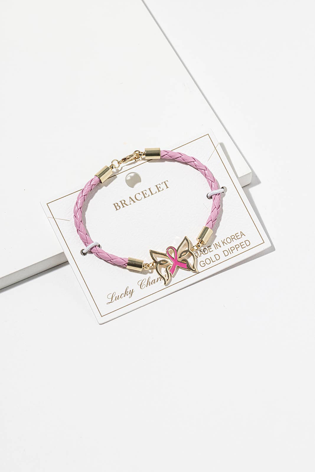 Pink Ribbon Butterfly Bracelet – Gold-Dipped Braided Charm