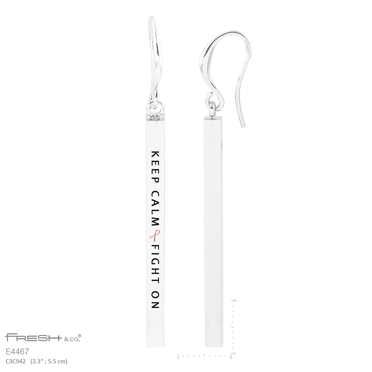 Keep Calm & Fight On Engraved Bar Dangle Earrings