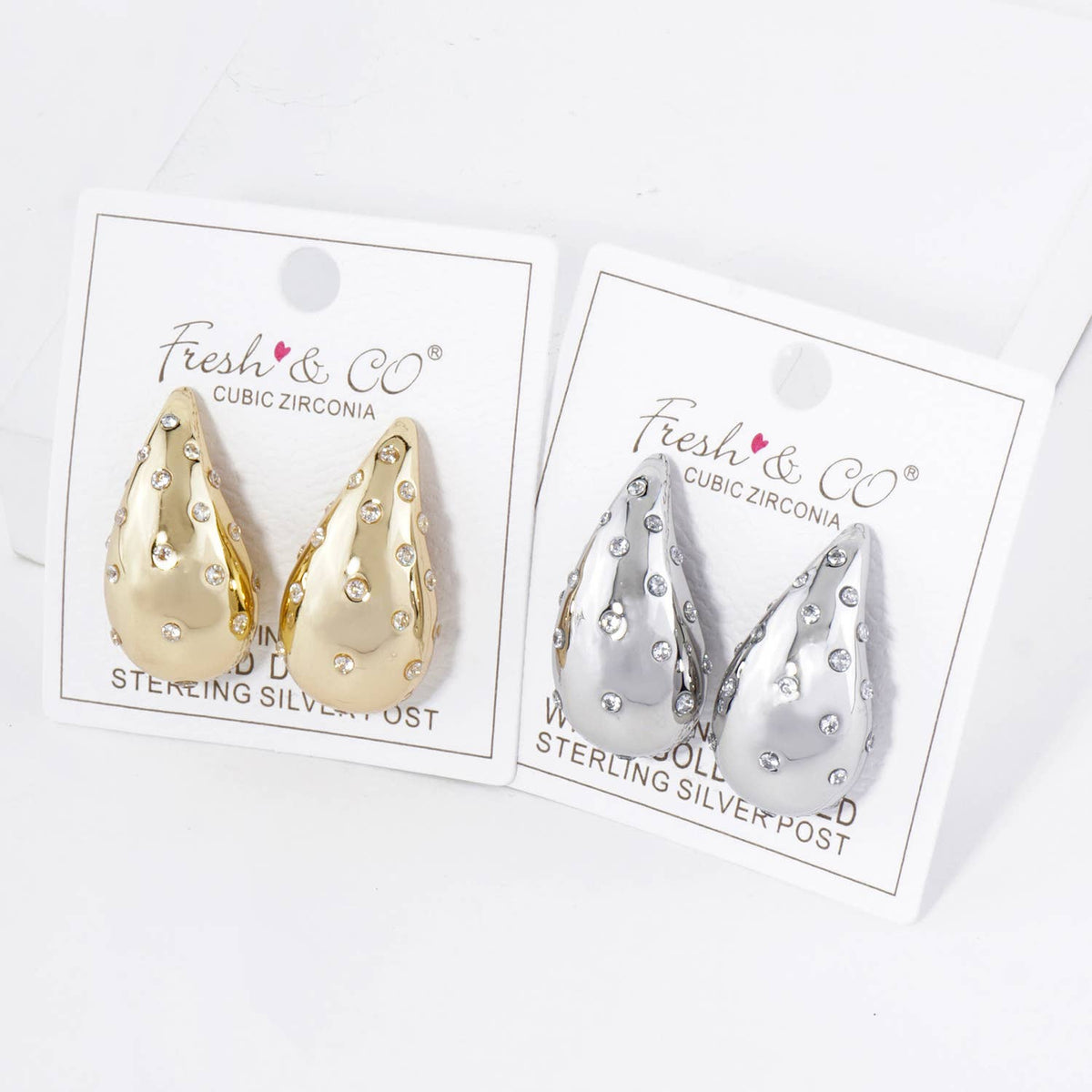 Cubic Zirconia Embedded Puffy Teardrop Stud Earrings