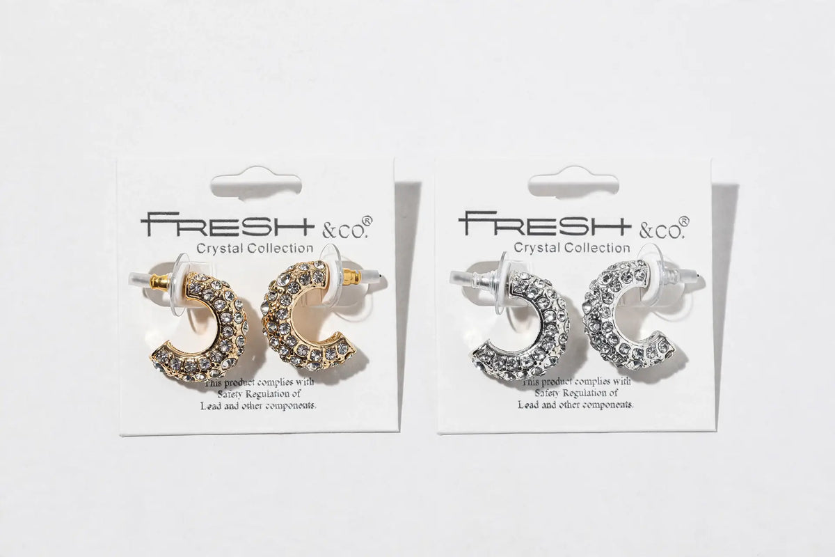 Crystal Half-Hoop Earrings – Pavé Dome Crescent, Gold