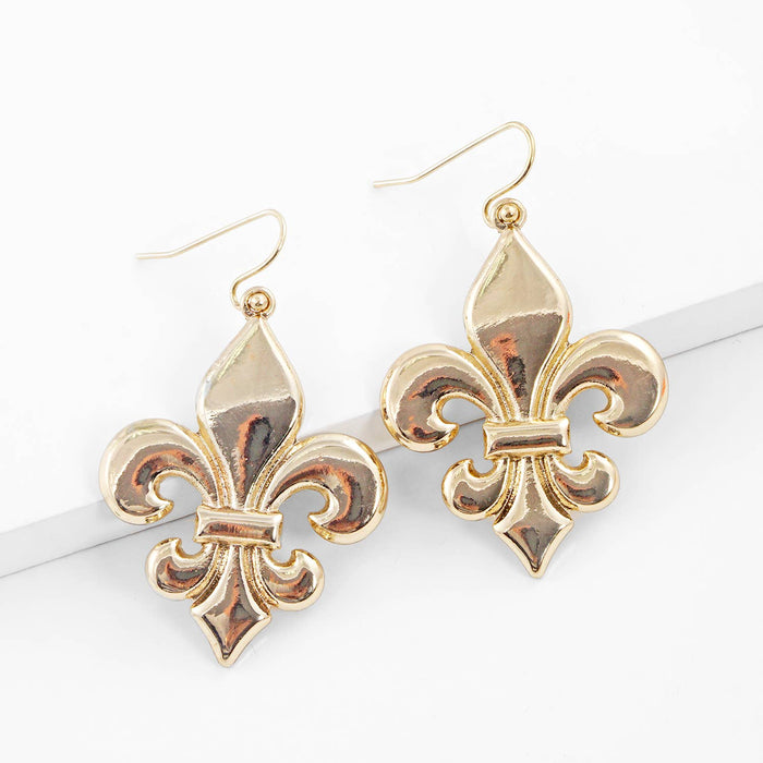 Gold Plated Bold Fleur De Lis Dangle Earrings