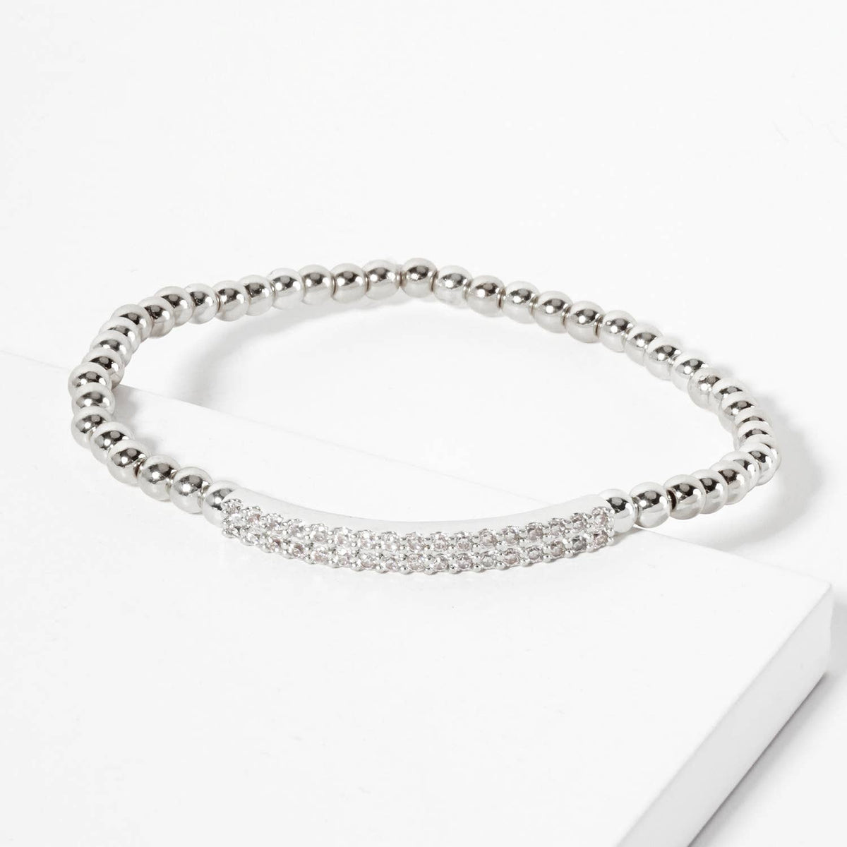 Beaded Stretch with CZ Pave-Set Curved Bar Accent Bracelet