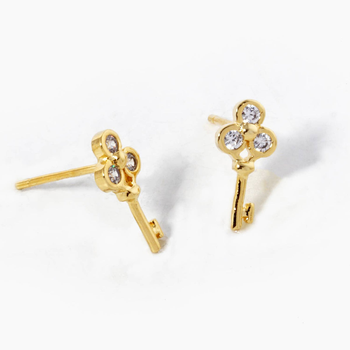 18K Gold Dipped Three CZ Stones Key Stud Earrings