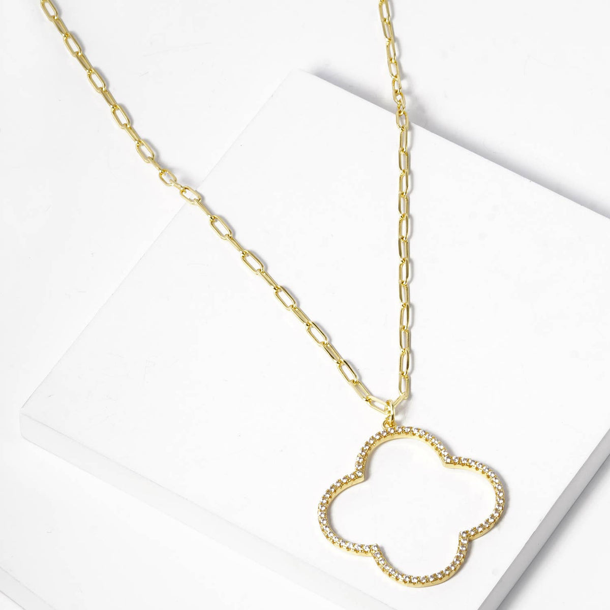18K Gold Dipped CZ Pave Quatrefoil Pendant Necklace