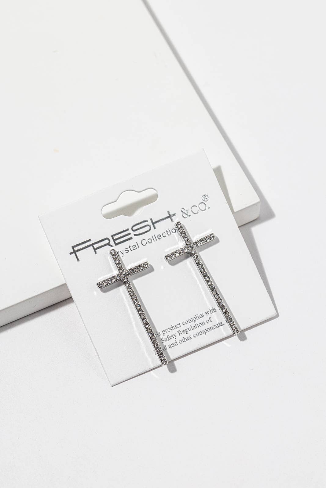 Elongated Crystal Cross Stud Earrings – Slender Pavé Cross,