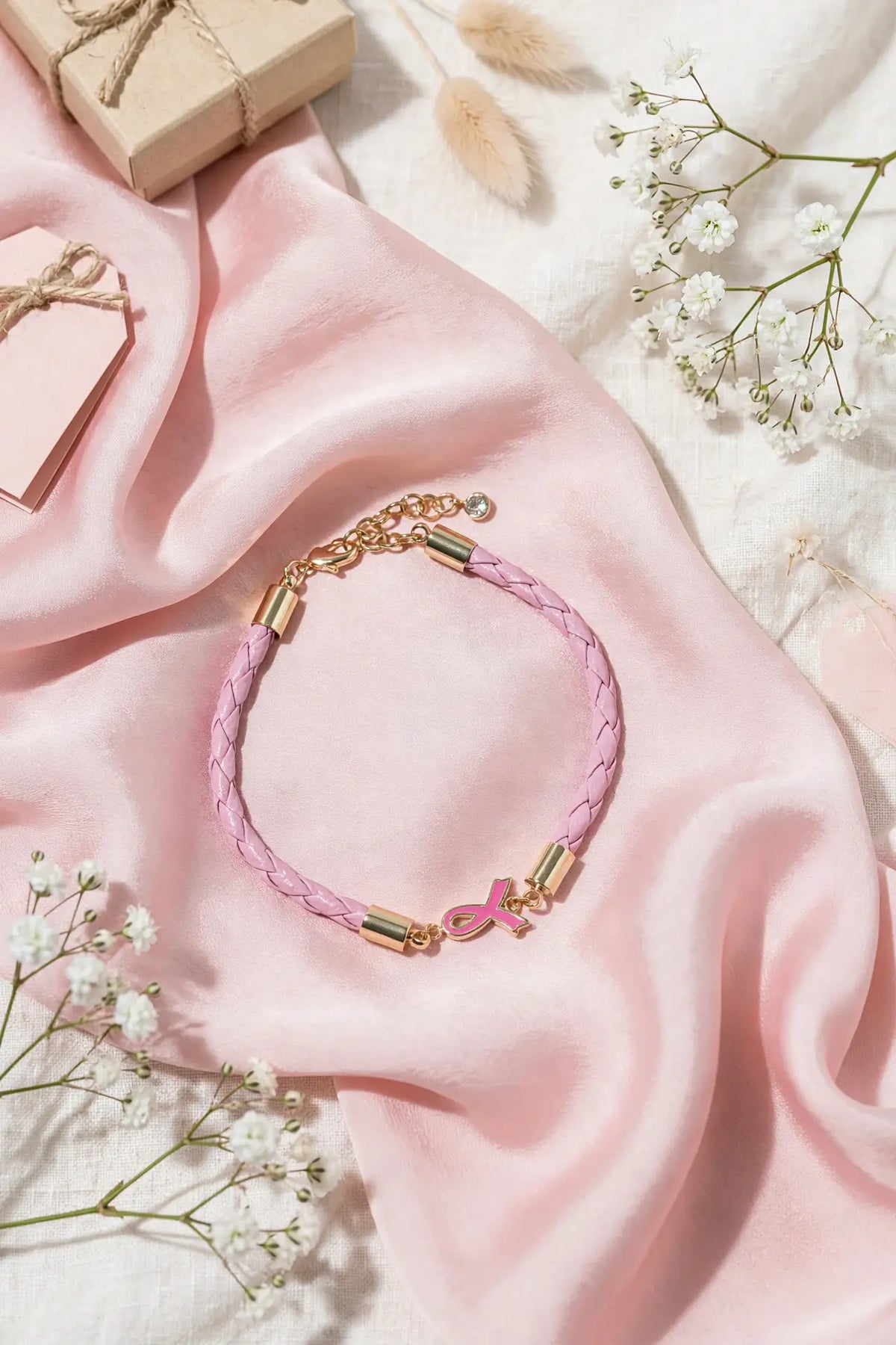 Pink Ribbon Braided Bracelet – Gold-Dipped Awareness Charm