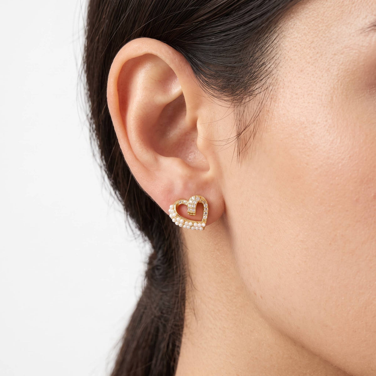 Dazzling Pave Heart & Pearl Accent Stud Earrings