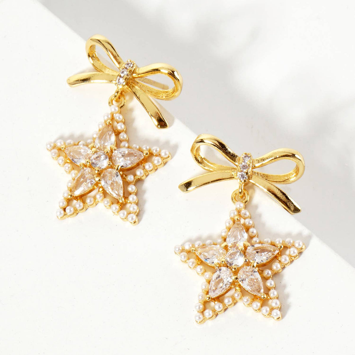 Pearl-Beaded Star Drop 18K-Gold-Dipped Bow Earrings