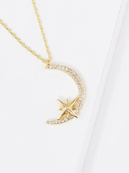 Gold North Star Moon Pendant Necklace