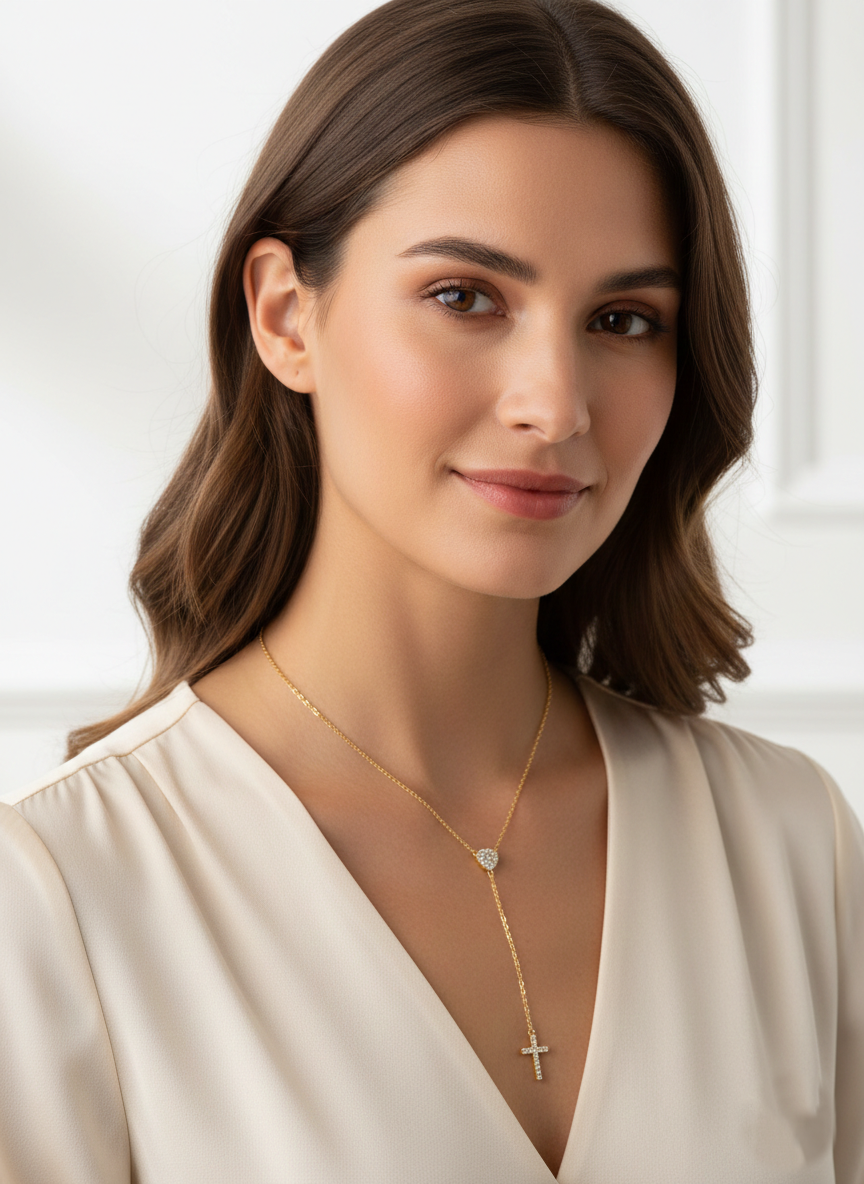 Minimalist Pave CZ Disc and Cross Y-Necklace
